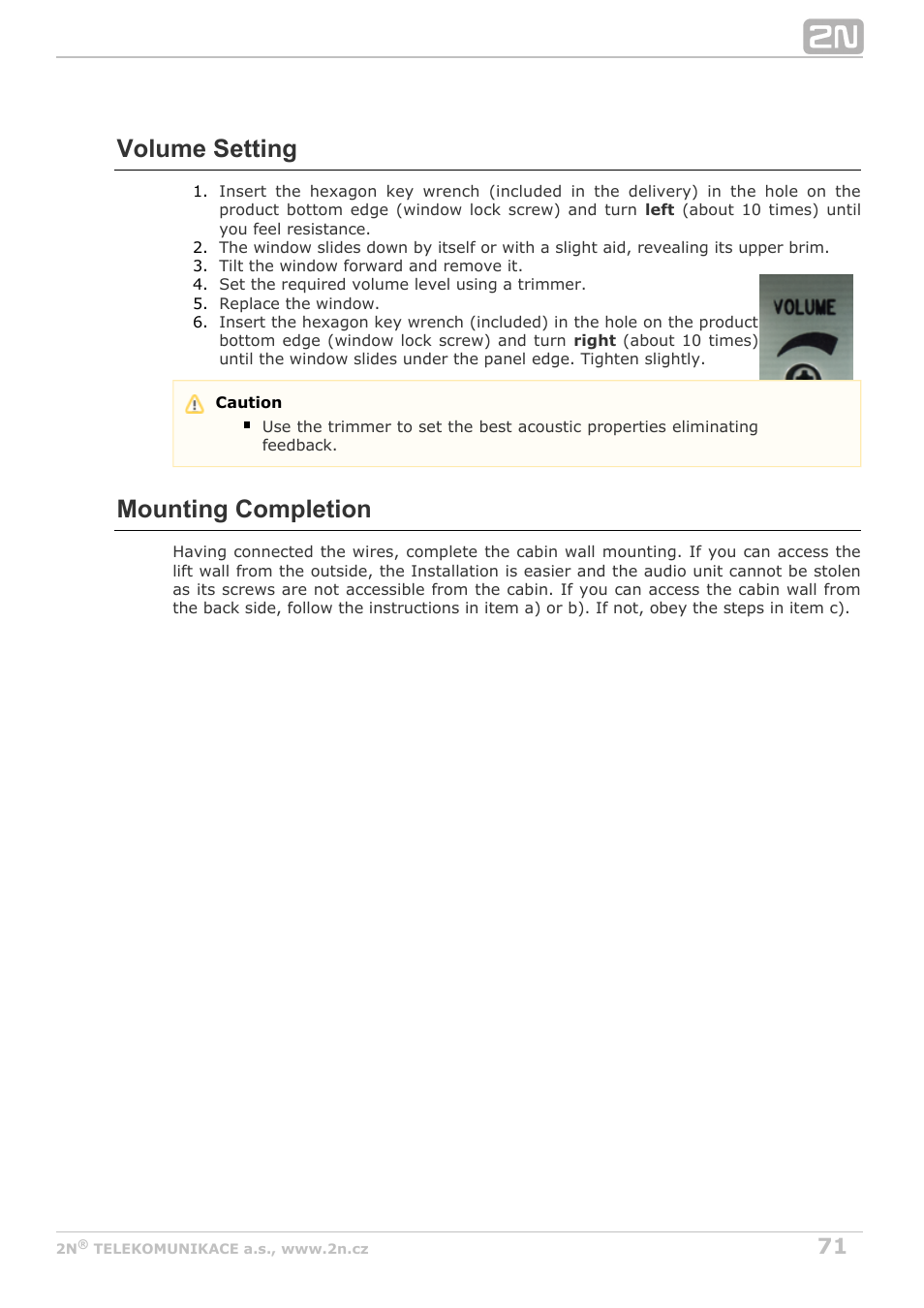 Volume setting, Mounting completion | 2N Lift8 v1.6.0 User Manual | Page 71 / 247