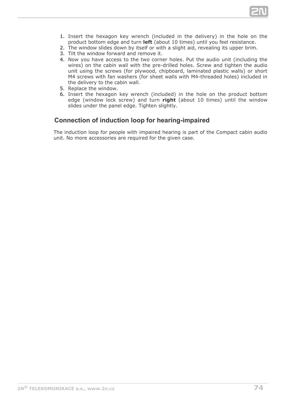 Connection of induction loop for hearing-impaired | 2N Lift8 v1.6.0 User Manual | Page 74 / 247