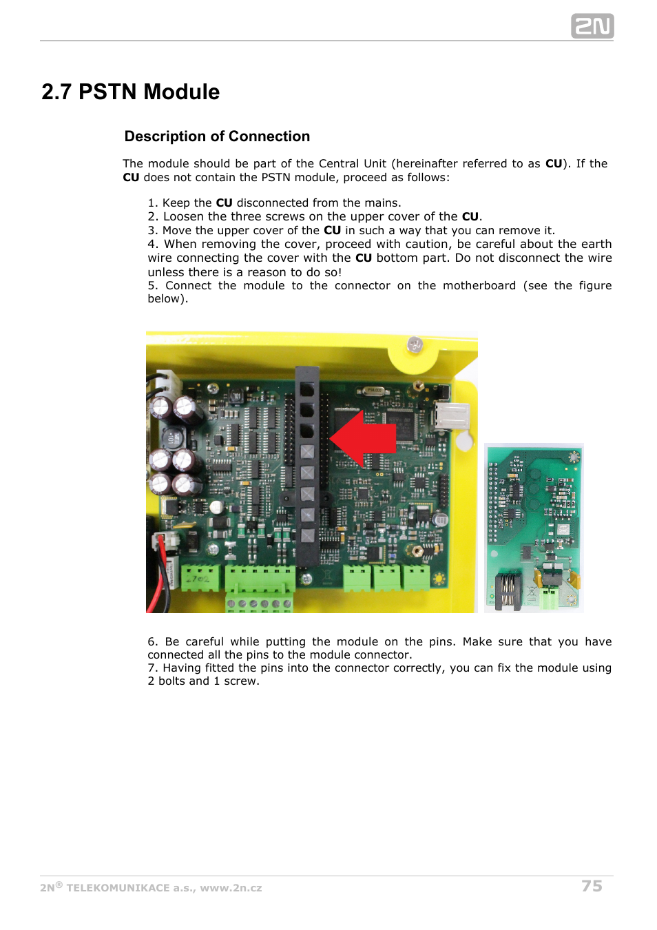 7 pstn module, Description of connection | 2N Lift8 v1.6.0 User Manual | Page 75 / 247