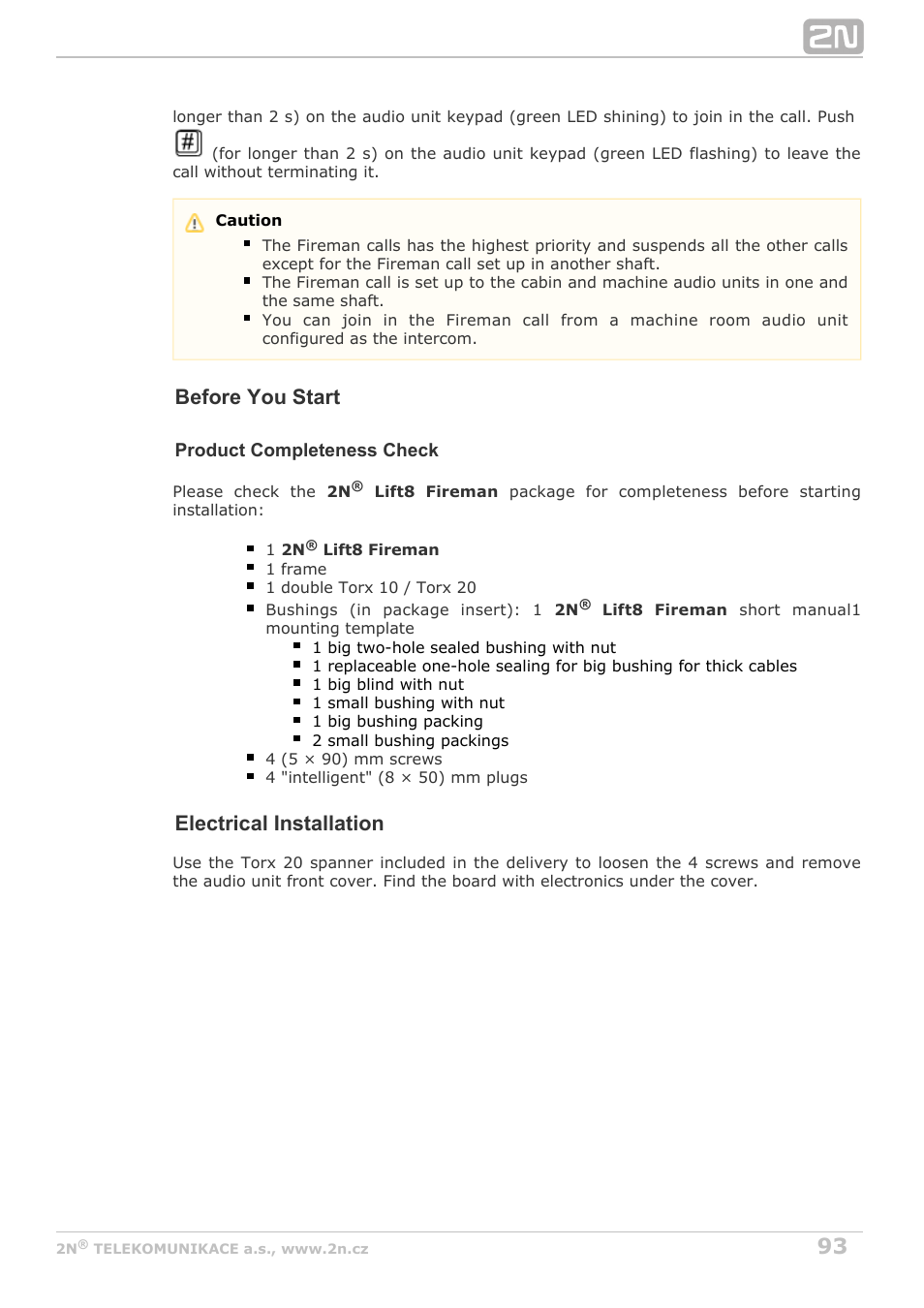 Before you start, Electrical installation | 2N Lift8 v1.6.0 User Manual | Page 93 / 247