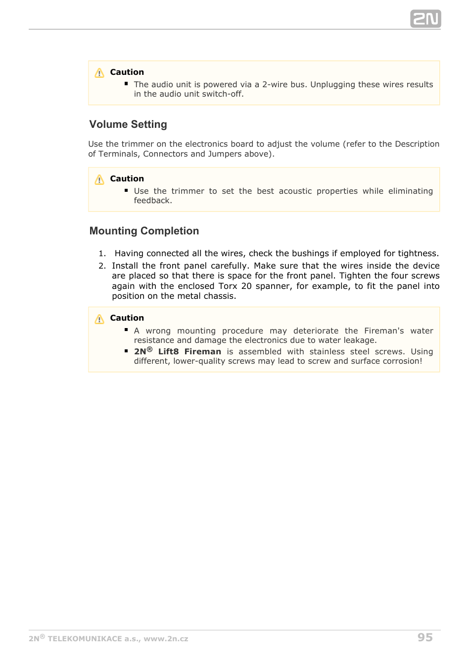 Volume setting, Mounting completion | 2N Lift8 v1.6.0 User Manual | Page 95 / 247