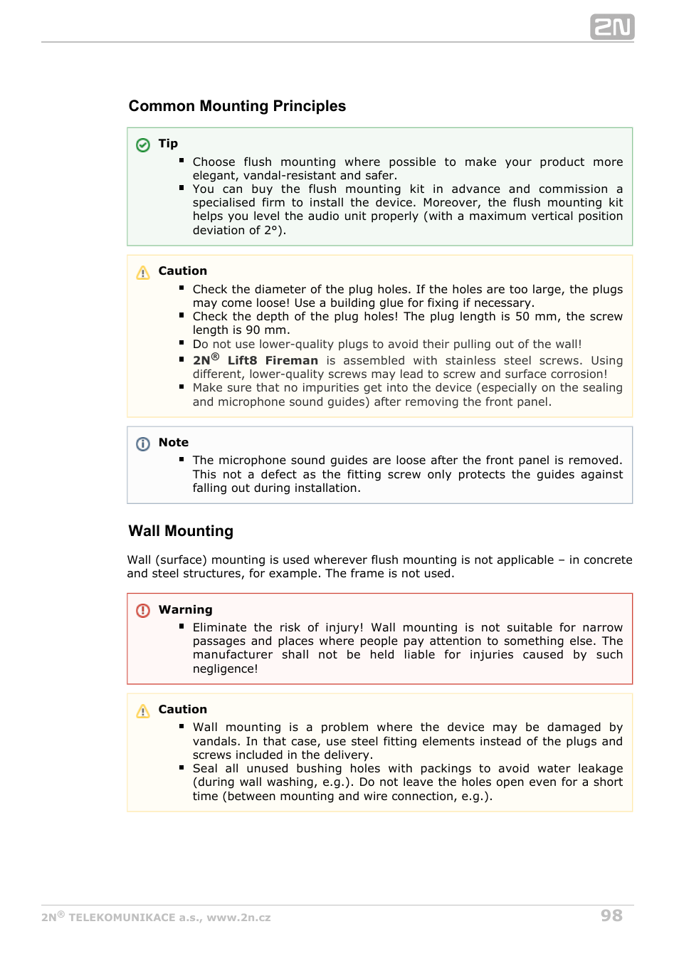 Common mounting principles wall mounting | 2N Lift8 v1.6.0 User Manual | Page 98 / 247