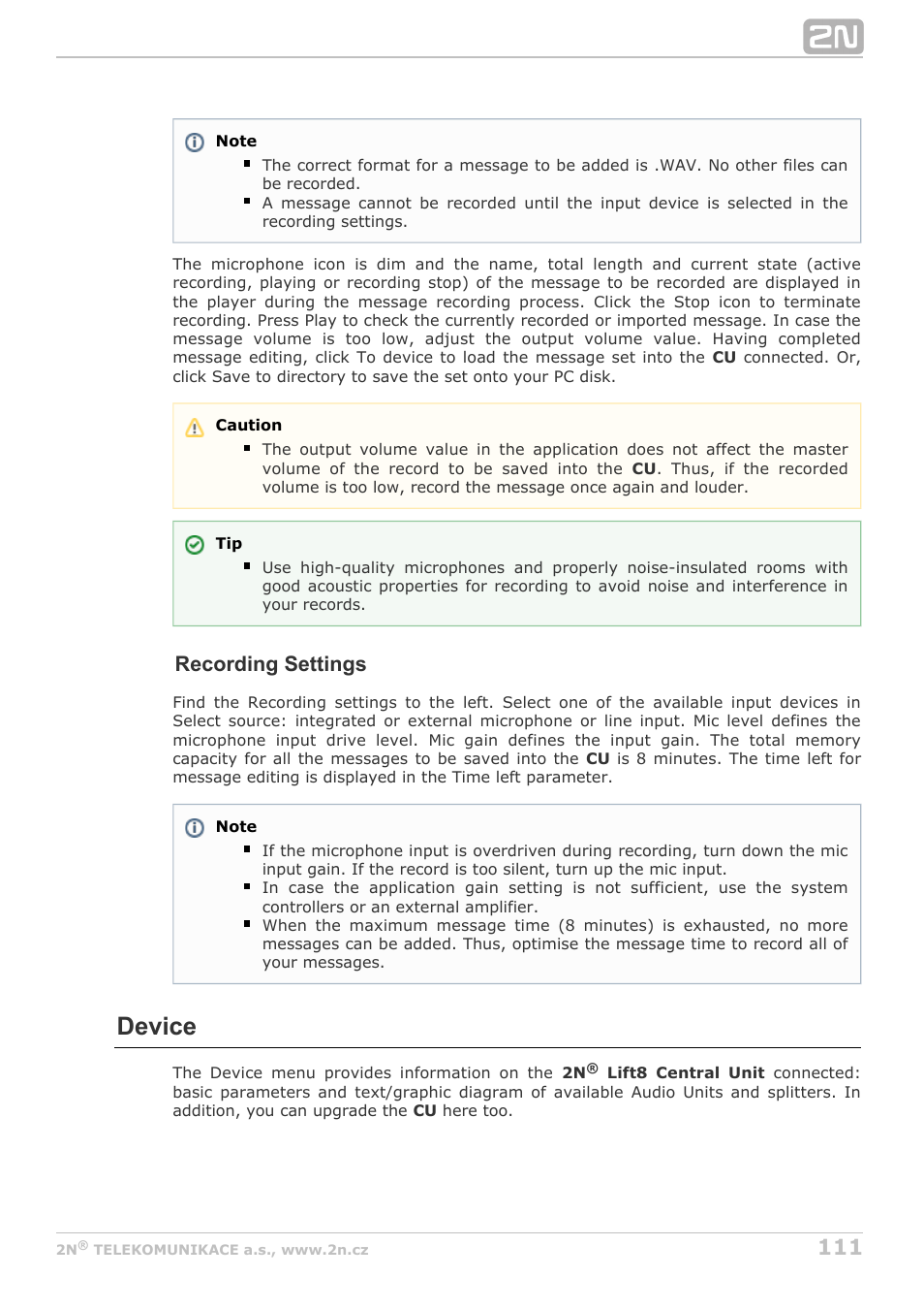 Device, Recording settings | 2N Lift8 v1.5.2 User Manual | Page 111 / 185