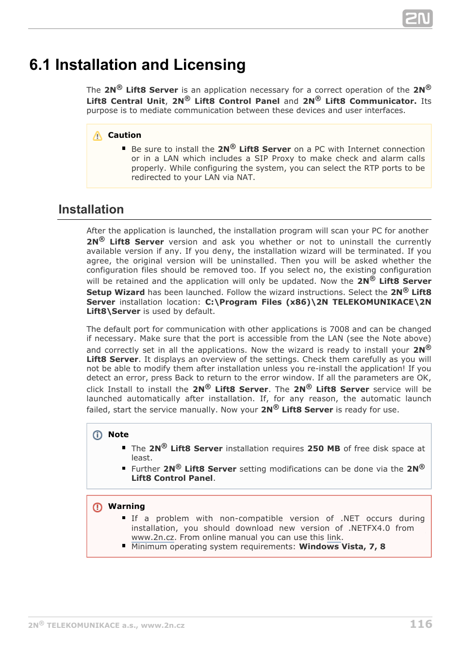 1 installation and licensing, Installation | 2N Lift8 v1.5.2 User Manual | Page 116 / 185