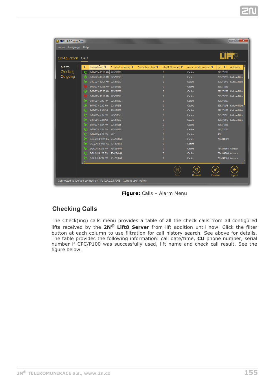 Checking calls | 2N Lift8 v1.5.2 User Manual | Page 155 / 185