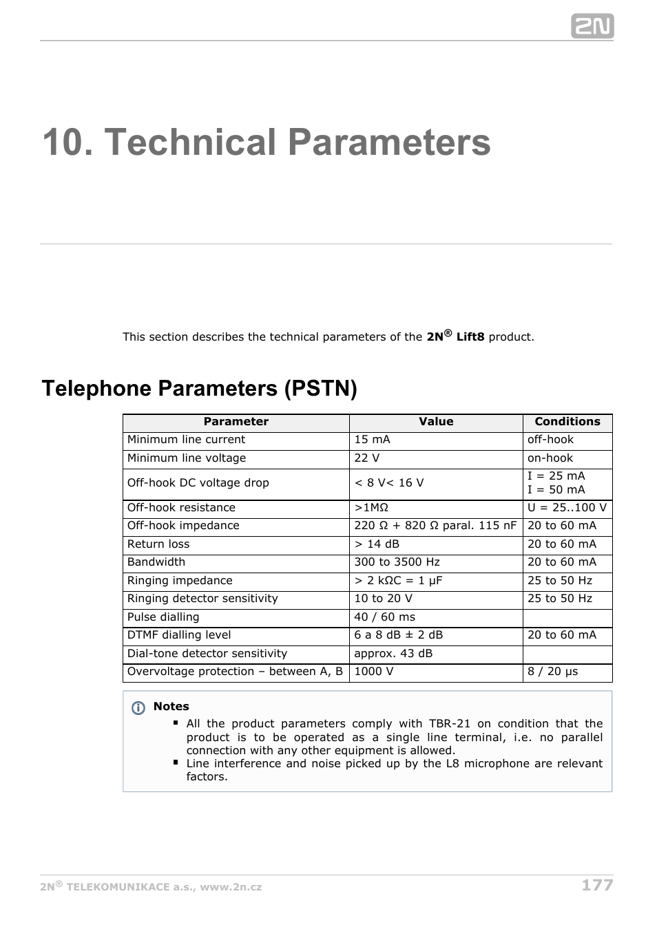 Technical parameters, Telephone parameters (pstn) | 2N Lift8 v1.5.2 User Manual | Page 177 / 185