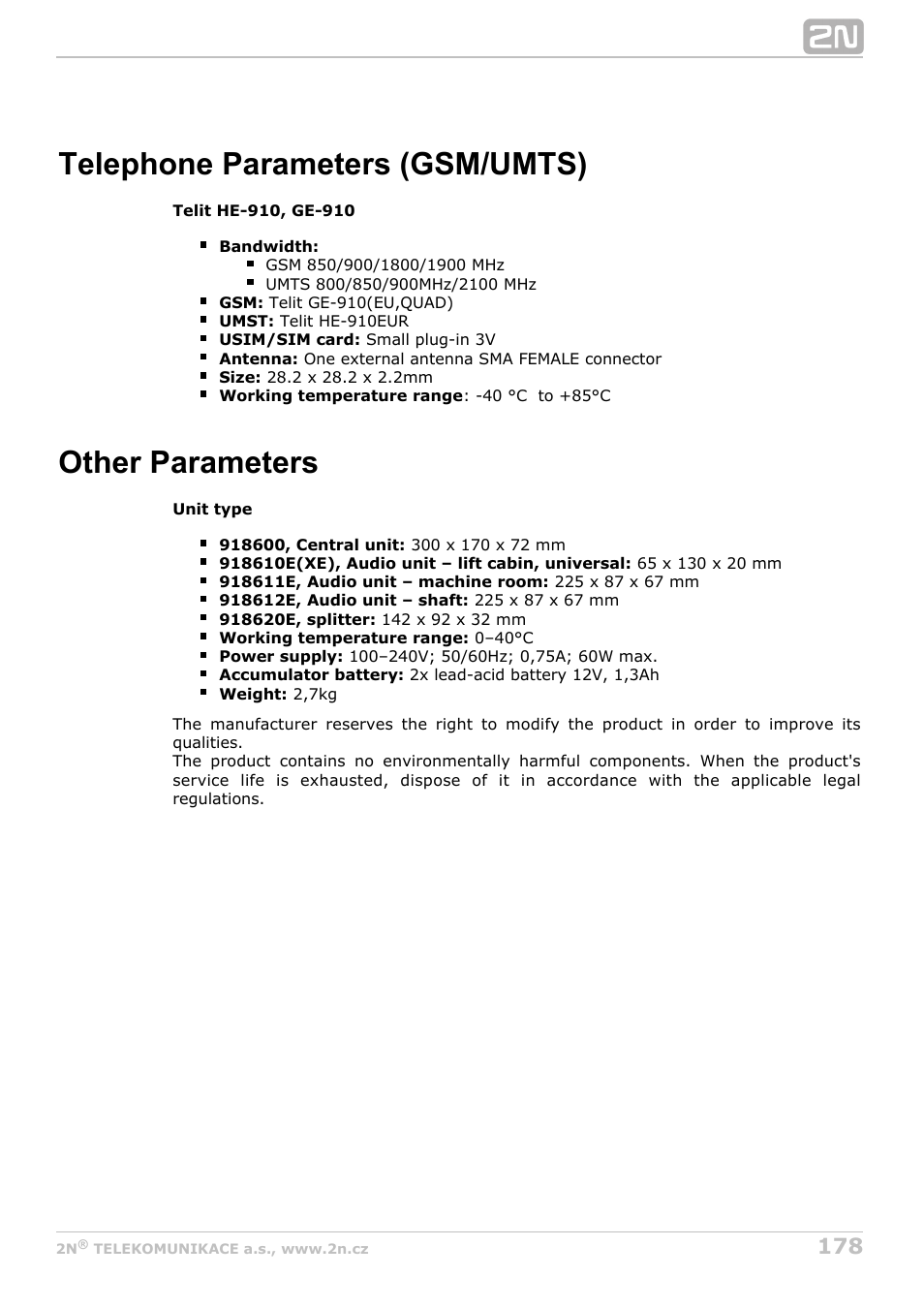 Telephone parameters (gsm/umts), Other parameters | 2N Lift8 v1.5.2 User Manual | Page 178 / 185