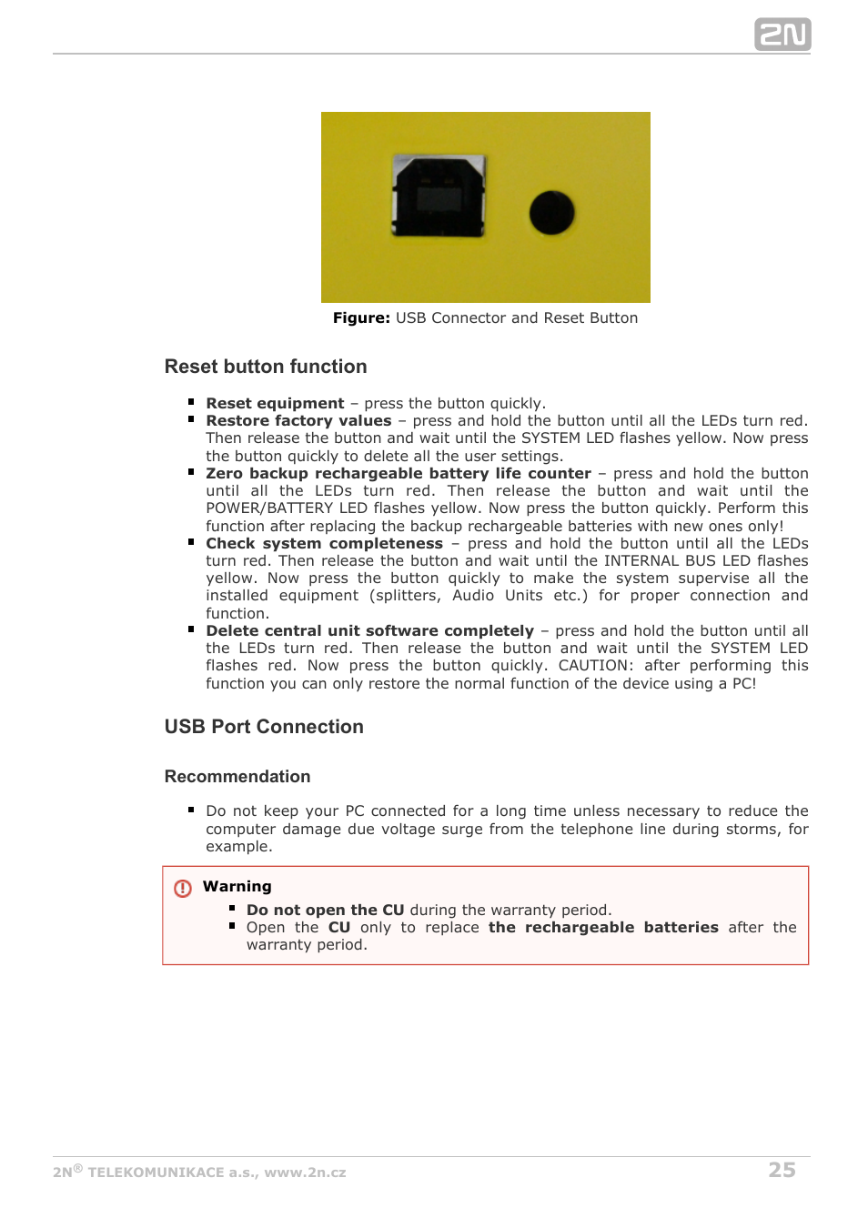 Reset button function, Usb port connection | 2N Lift8 v1.5.2 User Manual | Page 25 / 185