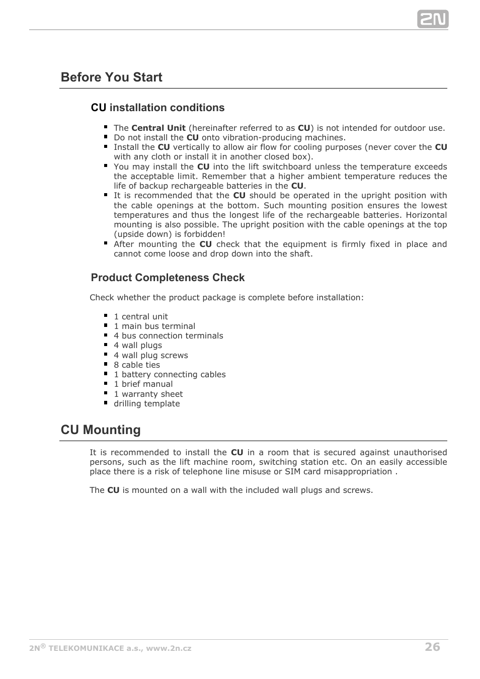 Before you start, Cu mounting, Installation conditions cu | Product completeness check | 2N Lift8 v1.5.2 User Manual | Page 26 / 185