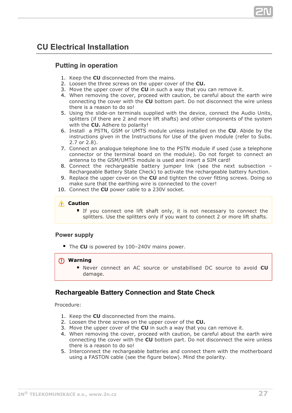 Cu electrical installation, Putting in operation, Rechargeable battery connection and state check | 2N Lift8 v1.5.2 User Manual | Page 27 / 185