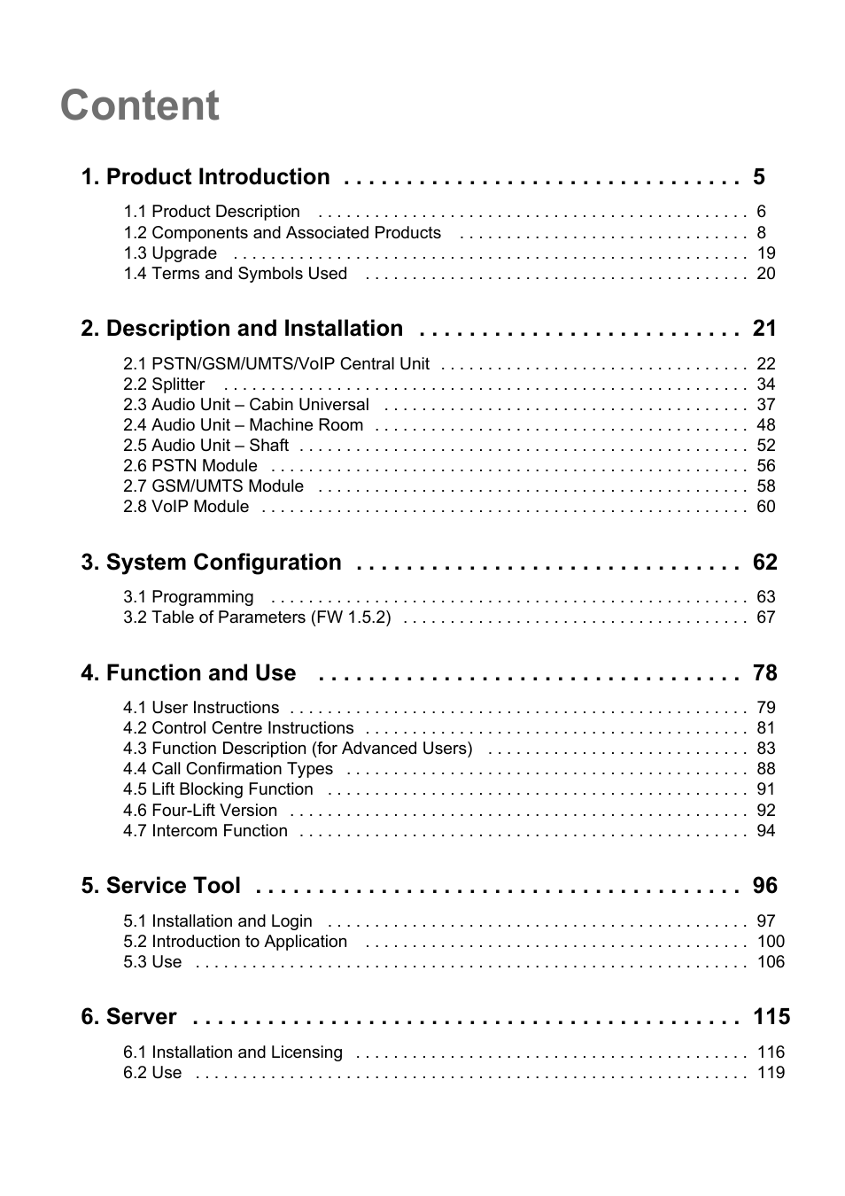 Content, Product introduction, Description and installation | System configuration, Function and use, Service tool, Server | 2N Lift8 v1.5.2 User Manual | Page 3 / 185