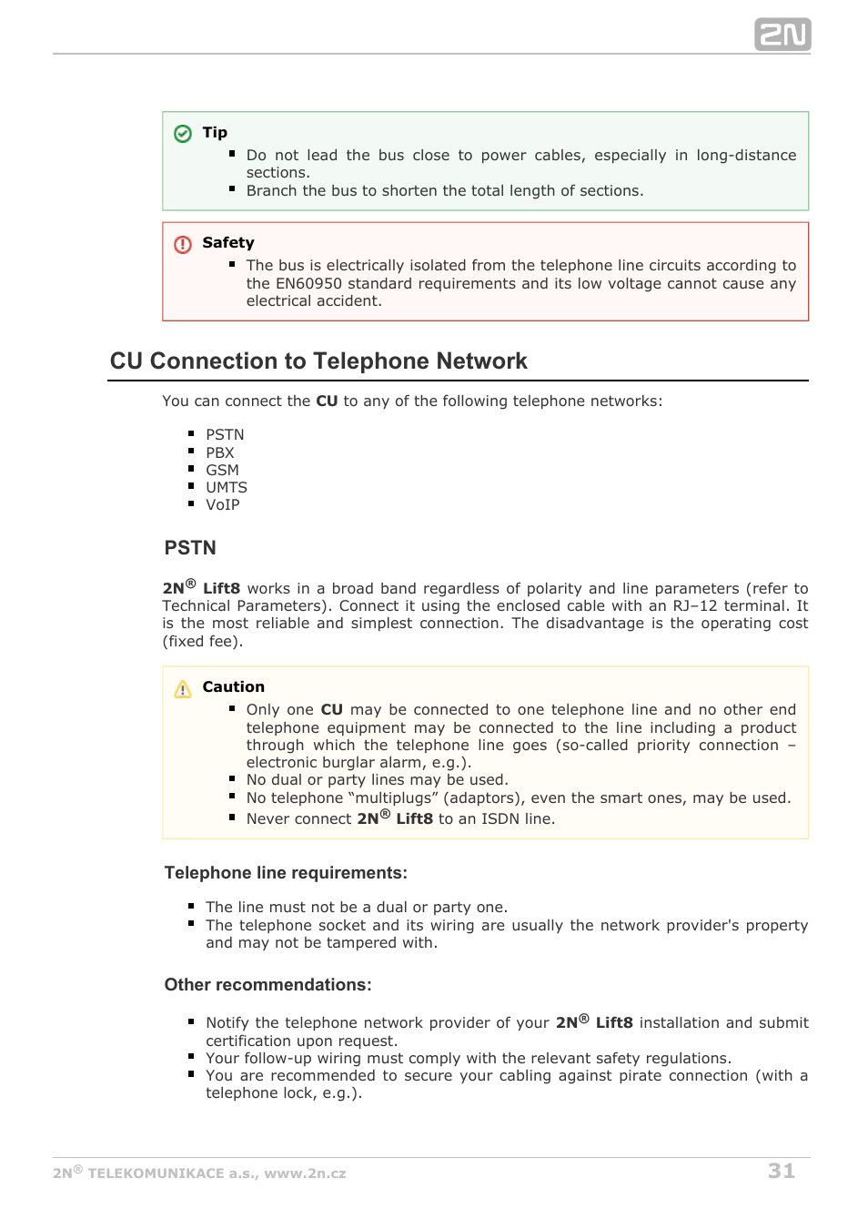 Cu connection to telephone network, Pstn | 2N Lift8 v1.5.2 User Manual | Page 31 / 185