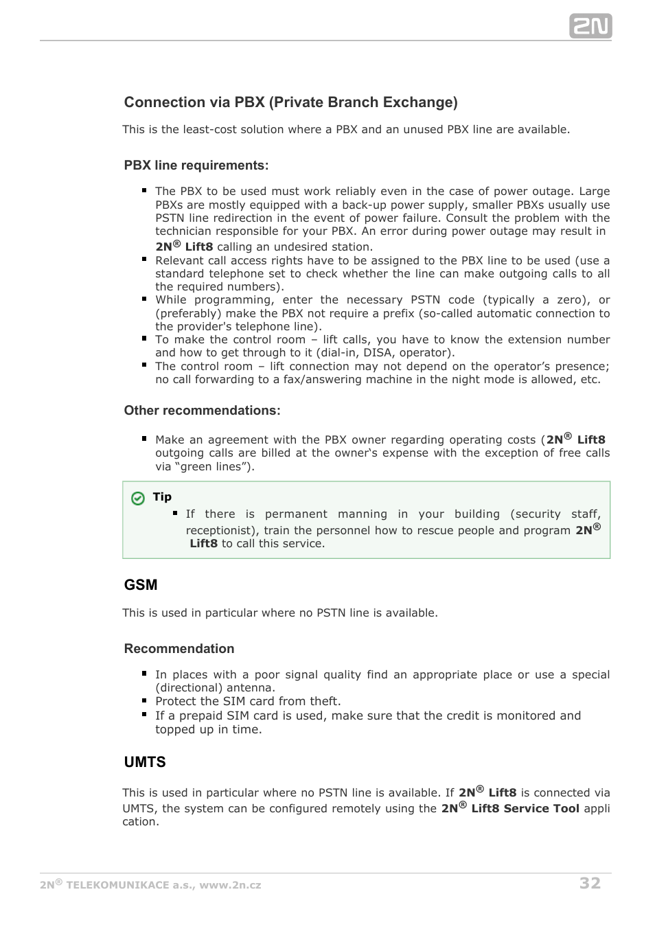 Connection via pbx (private branch exchange), Umts | 2N Lift8 v1.5.2 User Manual | Page 32 / 185