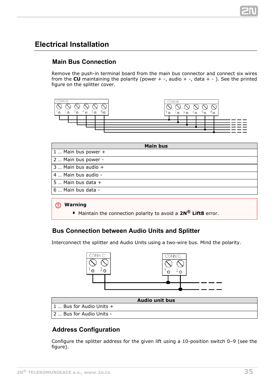 Electrical installation, Main bus connection, Bus connection between audio units and splitter | Address configuration | 2N Lift8 v1.5.2 User Manual | Page 35 / 185