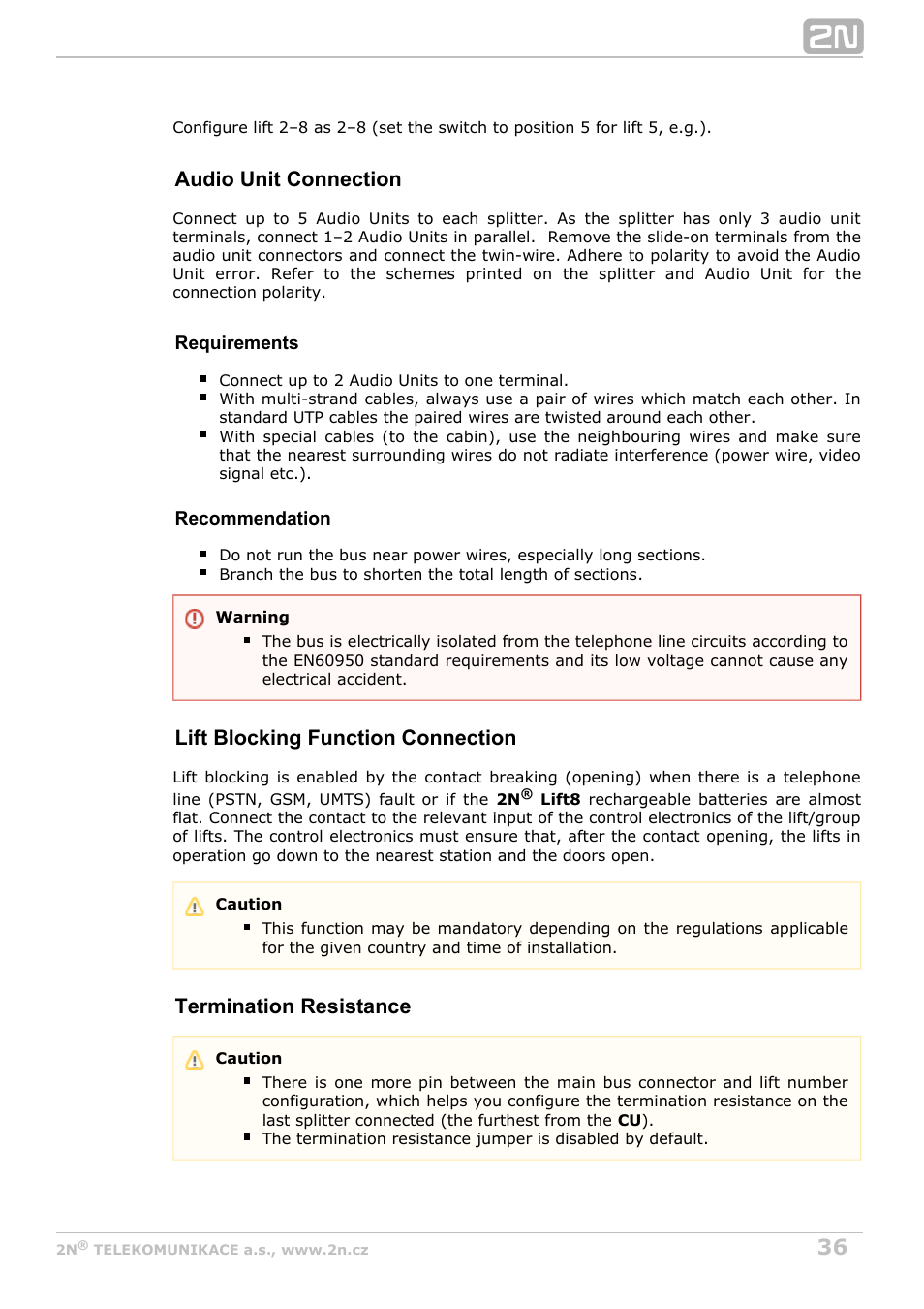 Audio unit connection, Lift blocking function connection, Termination resistance | 2N Lift8 v1.5.2 User Manual | Page 36 / 185