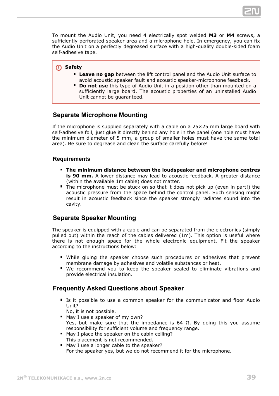 Separate microphone mounting, Separate speaker mounting, Frequently asked questions about speaker | 2N Lift8 v1.5.2 User Manual | Page 39 / 185