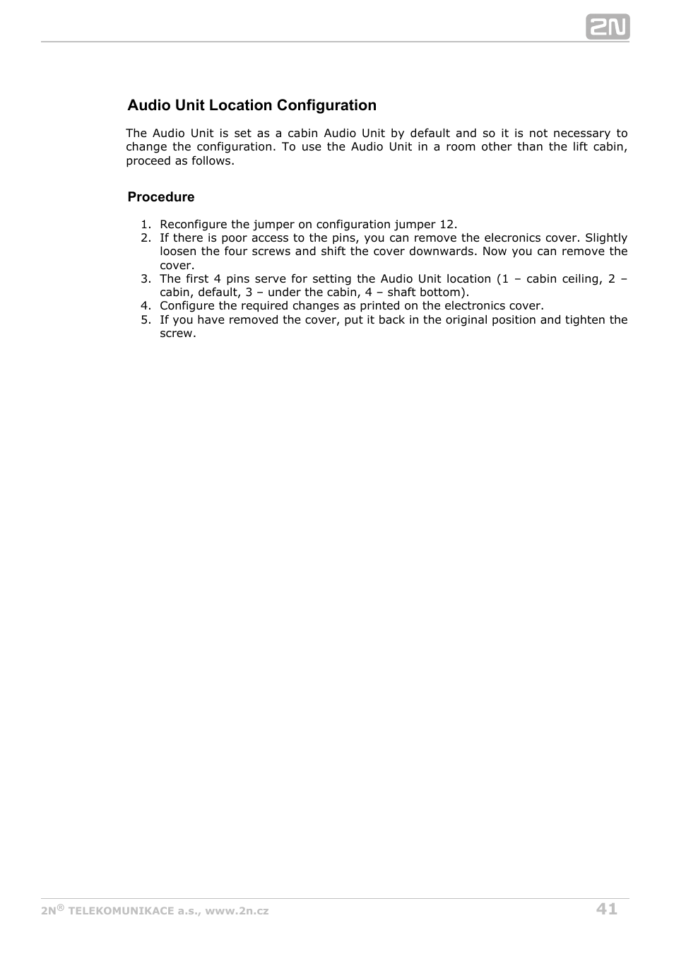 Audio unit location configuration | 2N Lift8 v1.5.2 User Manual | Page 41 / 185