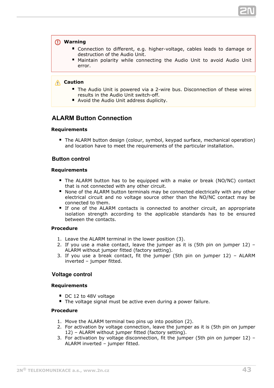 Alarm button connection | 2N Lift8 v1.5.2 User Manual | Page 43 / 185