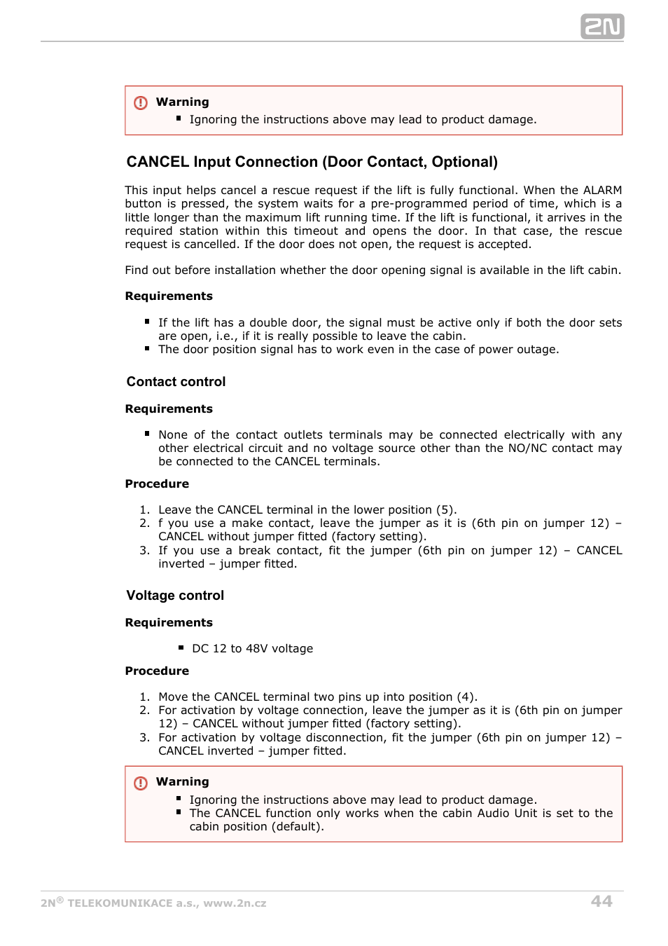 Cancel input connection (door contact, optional) | 2N Lift8 v1.5.2 User Manual | Page 44 / 185