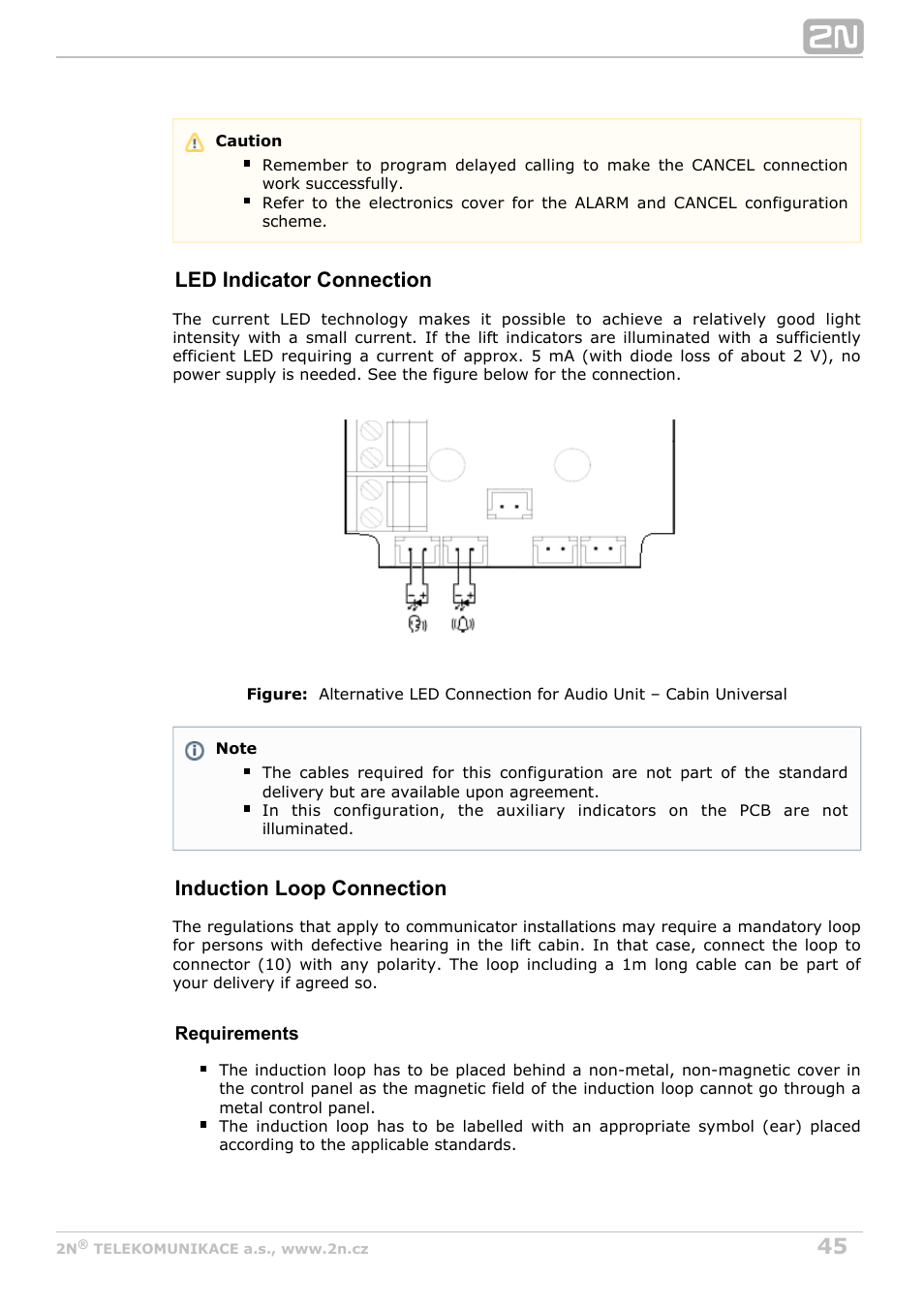 Led indicator connection, Induction loop connection | 2N Lift8 v1.5.2 User Manual | Page 45 / 185