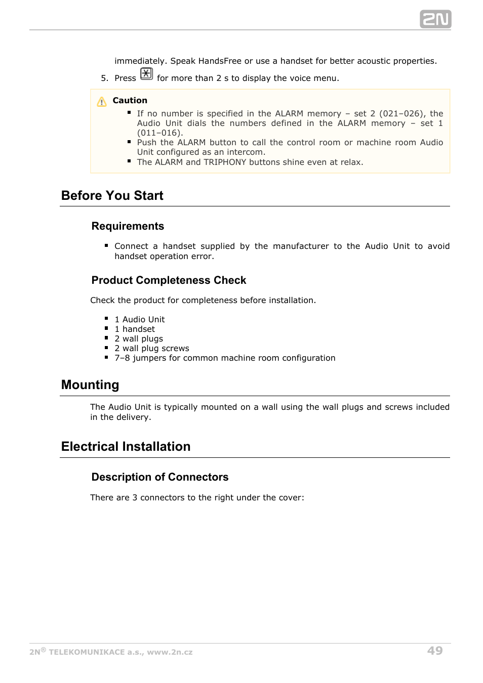 Before you start, Mounting, Electrical installation | 2N Lift8 v1.5.2 User Manual | Page 49 / 185