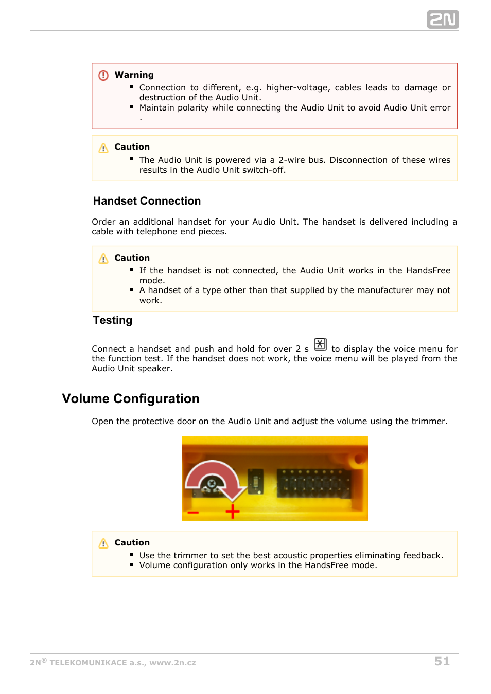 Volume configuration, Handset connection, Testing | 2N Lift8 v1.5.2 User Manual | Page 51 / 185