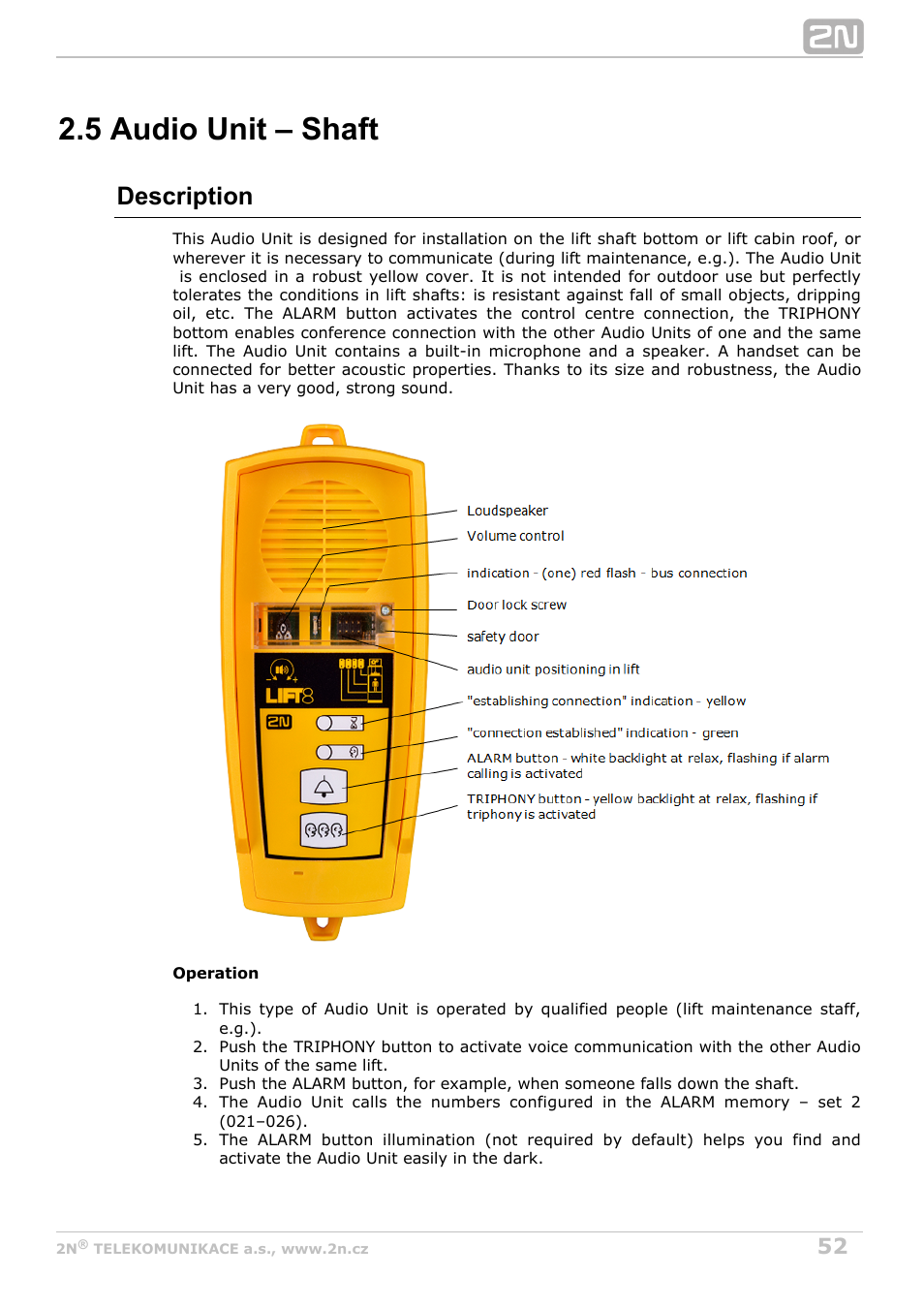 5 audio unit – shaft, Description | 2N Lift8 v1.5.2 User Manual | Page 52 / 185