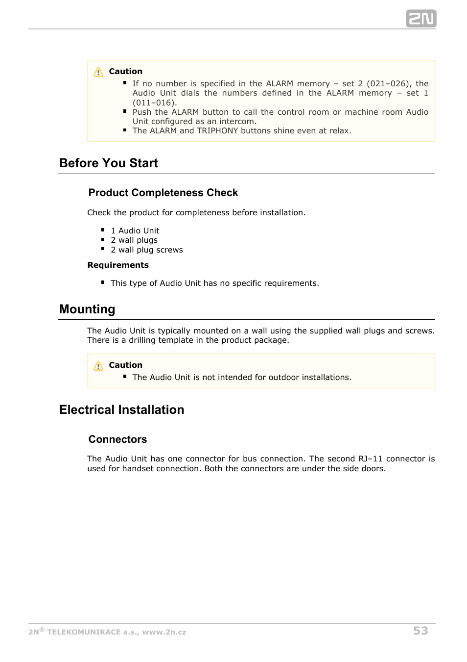 Before you start, Mounting, Electrical installation | 2N Lift8 v1.5.2 User Manual | Page 53 / 185