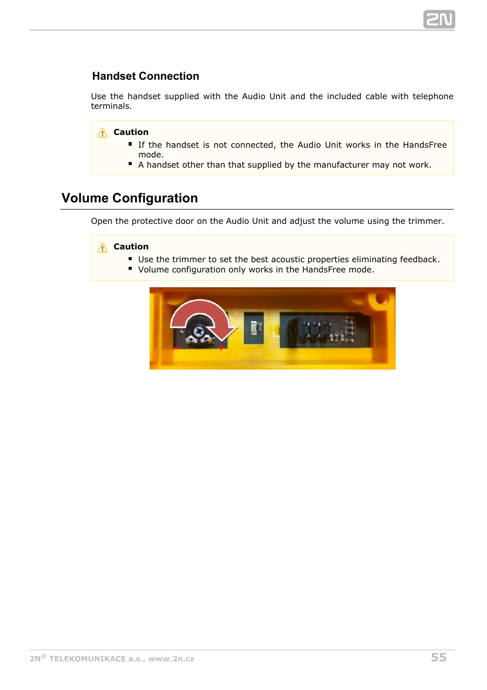 Volume configuration, Handset connection | 2N Lift8 v1.5.2 User Manual | Page 55 / 185