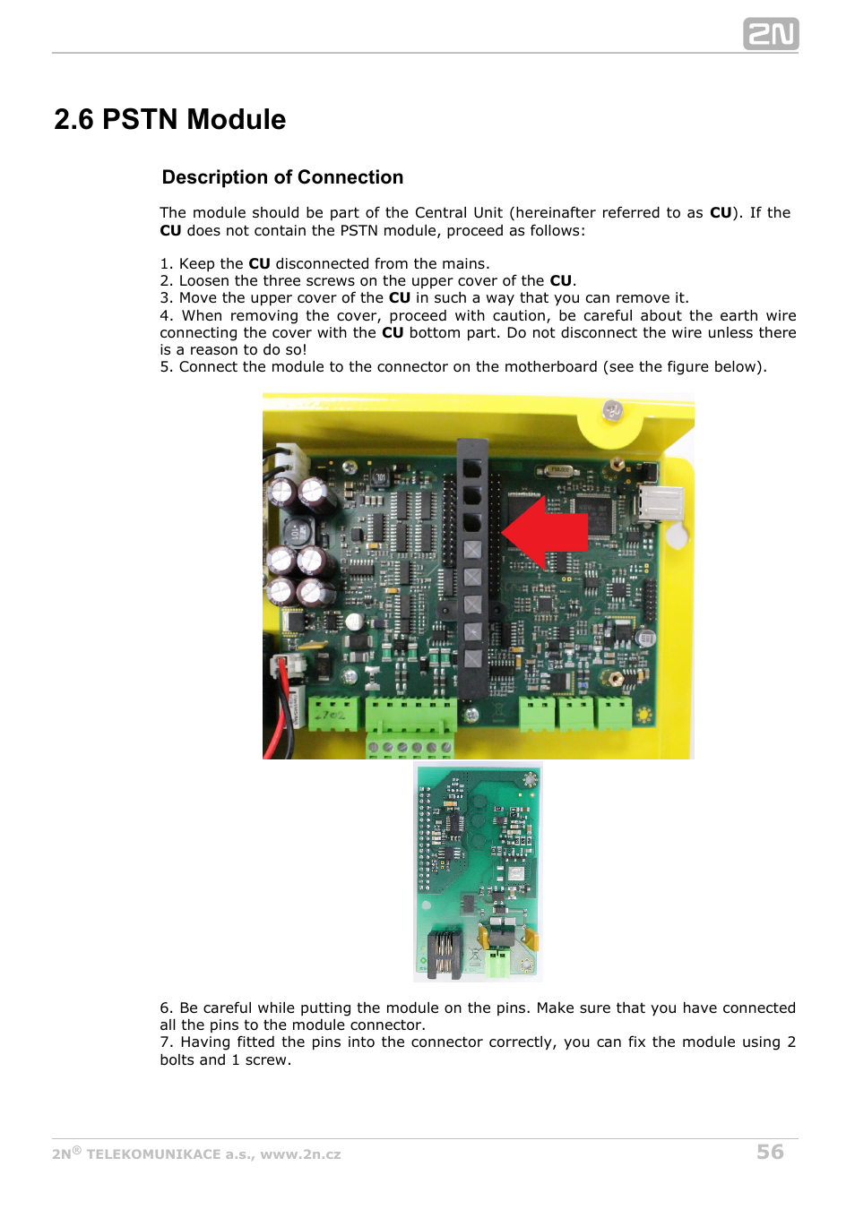 6 pstn module, Description of connection | 2N Lift8 v1.5.2 User Manual | Page 56 / 185