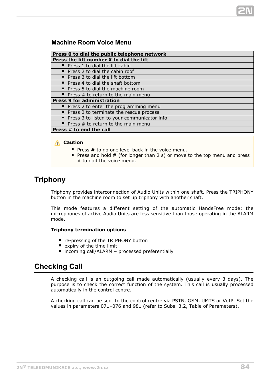 Triphony, Checking call, Machine room voice menu | 2N Lift8 v1.5.2 User Manual | Page 84 / 185