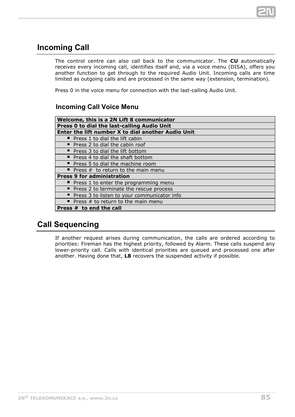 Incoming call, Call sequencing, Incoming call voice menu | 2N Lift8 v1.5.2 User Manual | Page 85 / 185