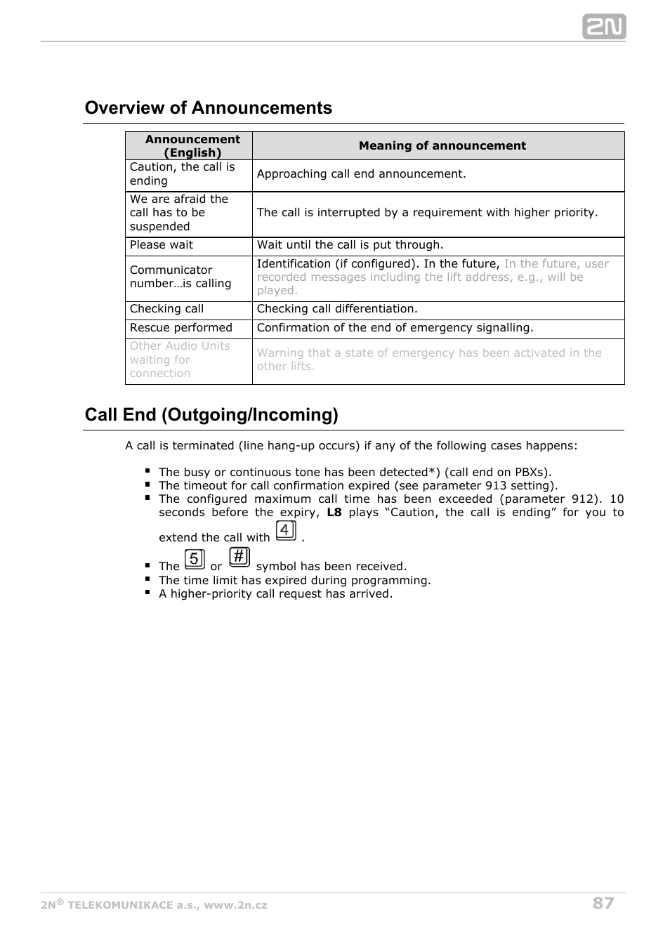 Overview of announcements, Call end (outgoing/incoming) | 2N Lift8 v1.5.2 User Manual | Page 87 / 185