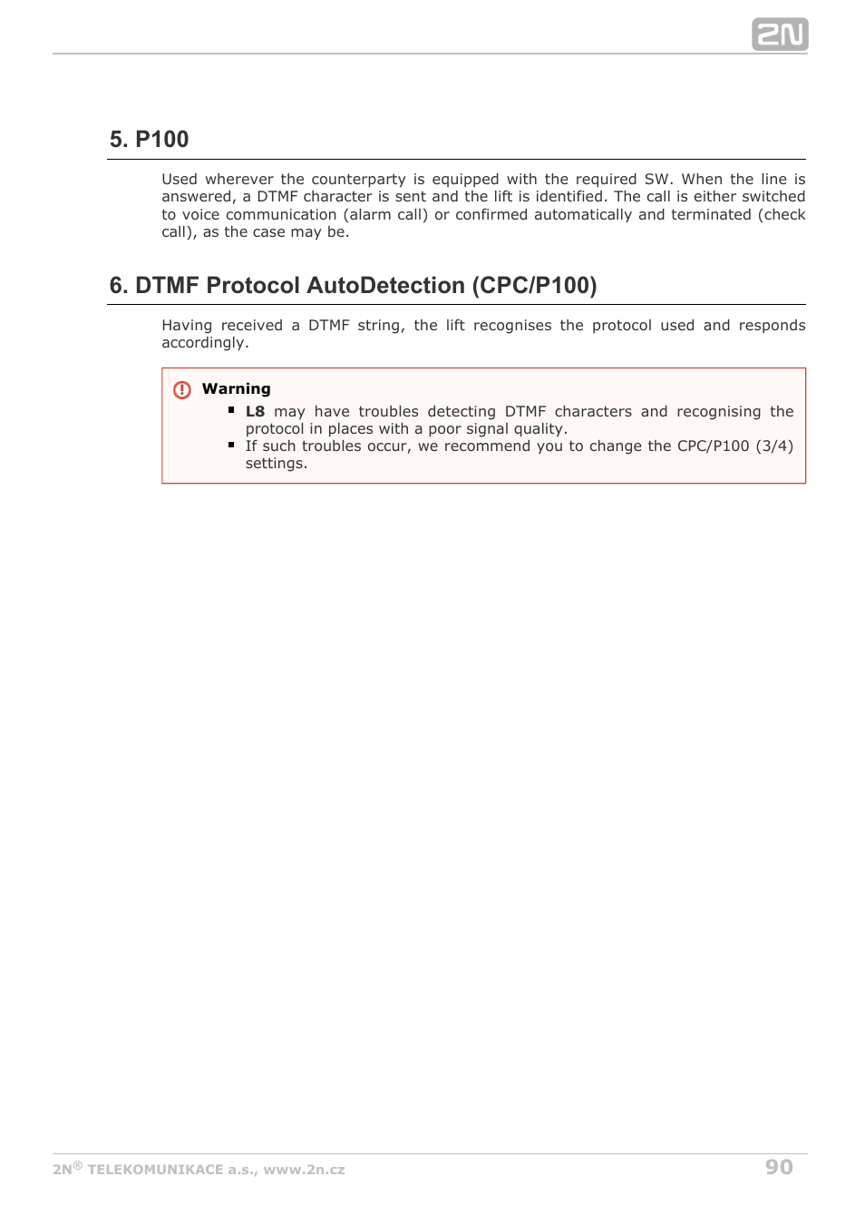 P100, Dtmf protocol autodetection (cpc/p100) | 2N Lift8 v1.5.2 User Manual | Page 90 / 185