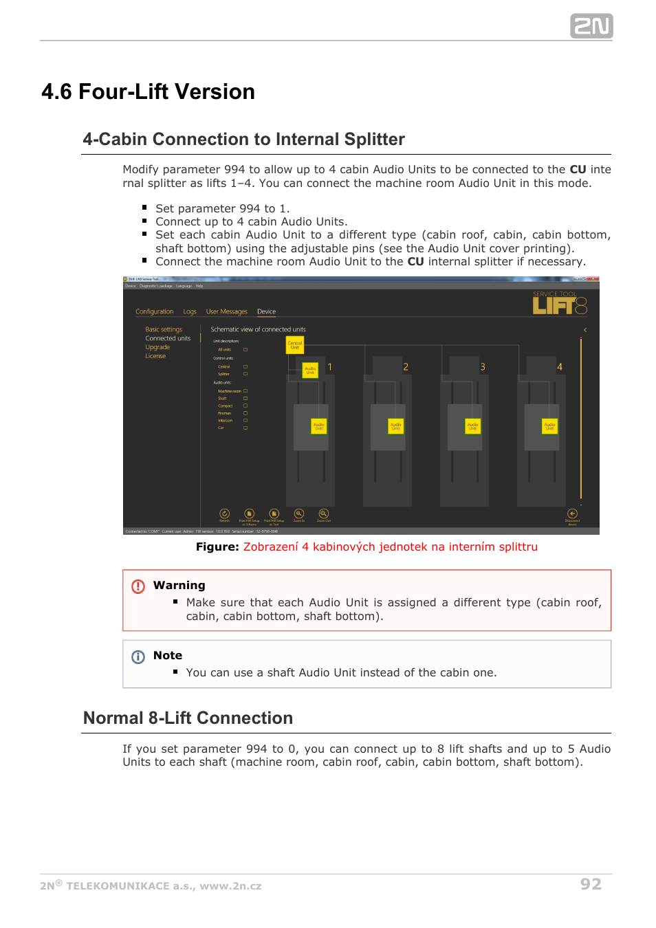 6 four-lift version, Cabin connection to internal splitter, Normal 8-lift connection | 2N Lift8 v1.5.2 User Manual | Page 92 / 185