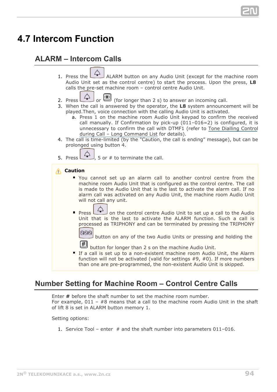 7 intercom function, Alarm – intercom calls | 2N Lift8 v1.5.2 User Manual | Page 94 / 185