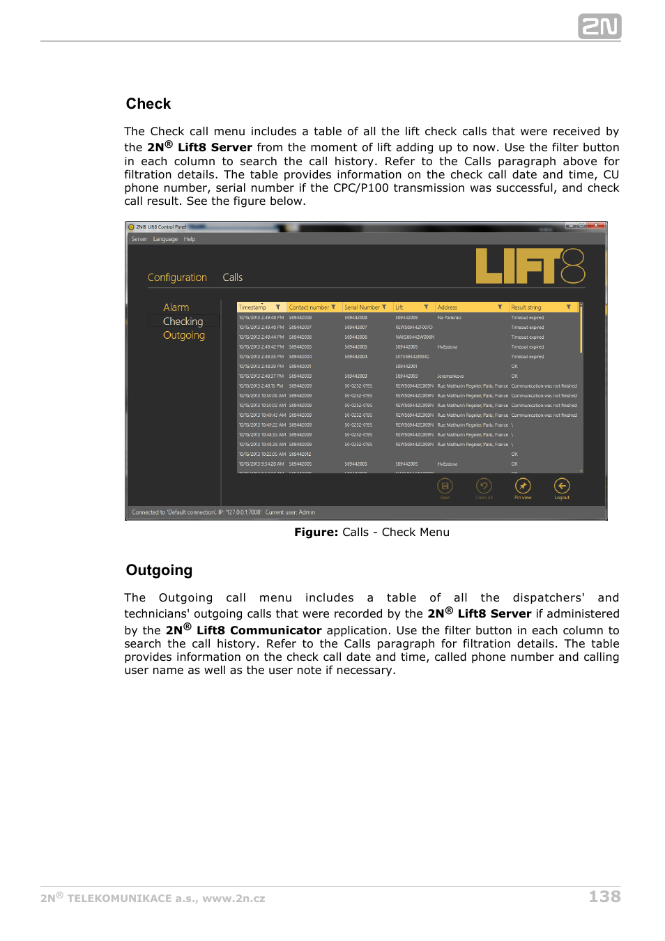 Check, Outgoing | 2N Lift8 v1.0 User Manual | Page 138 / 164