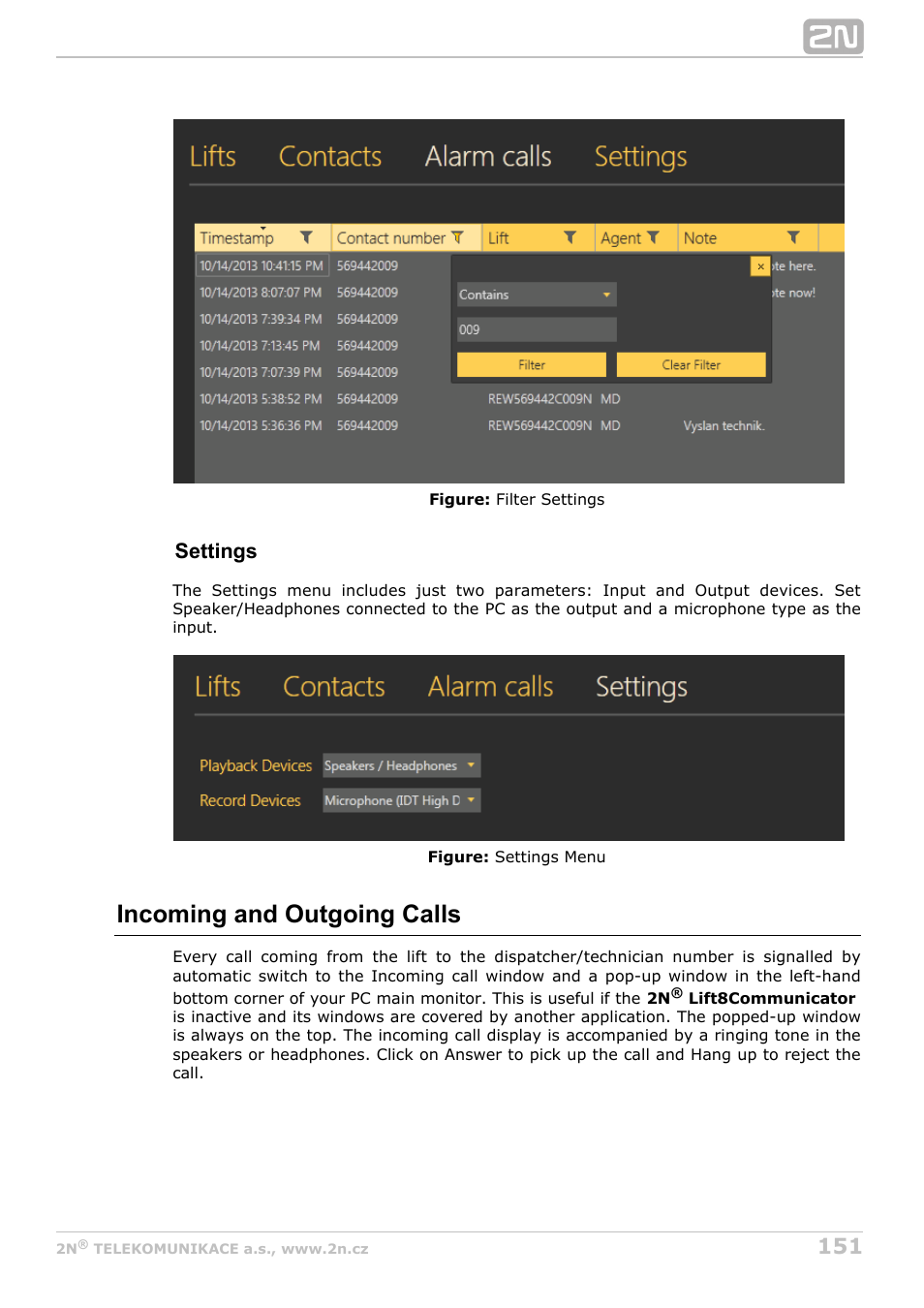 Incoming and outgoing calls, Settings | 2N Lift8 v1.0 User Manual | Page 151 / 164