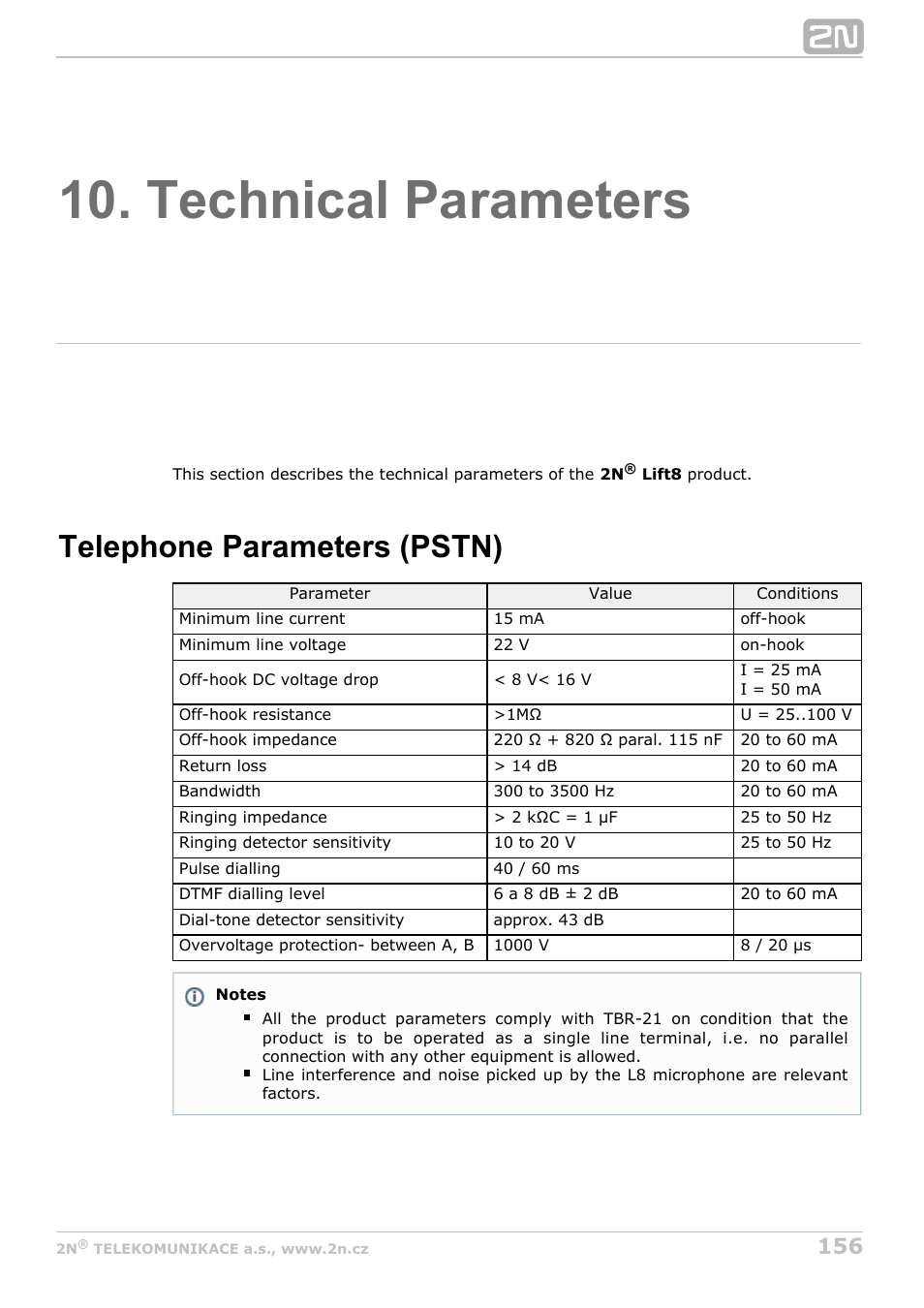 Technical parameters, Telephone parameters (pstn) | 2N Lift8 v1.0 User Manual | Page 156 / 164