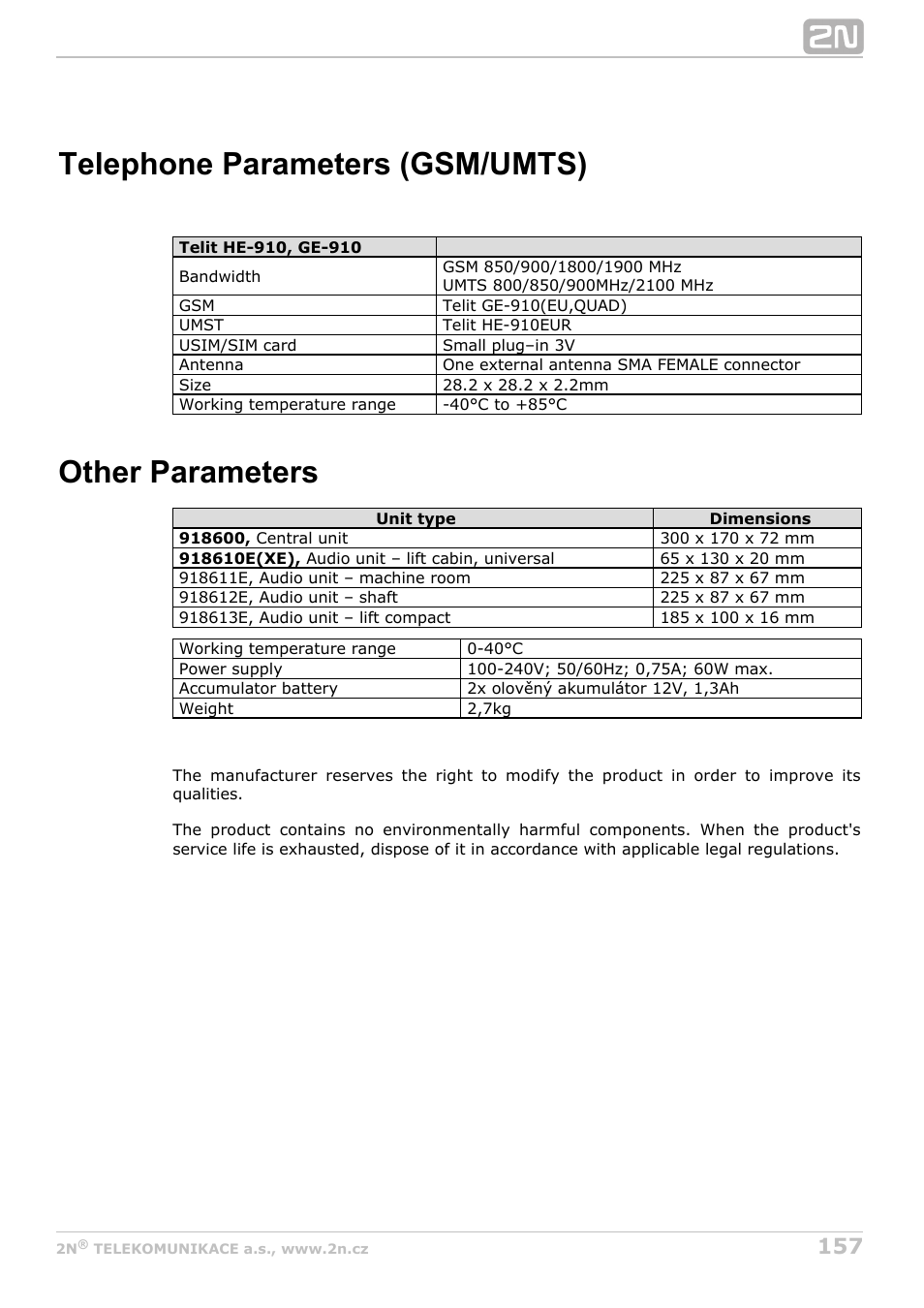 Telephone parameters (gsm/umts), Other parameters | 2N Lift8 v1.0 User Manual | Page 157 / 164