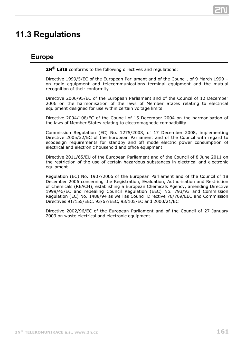 3 regulations, Europe | 2N Lift8 v1.0 User Manual | Page 161 / 164