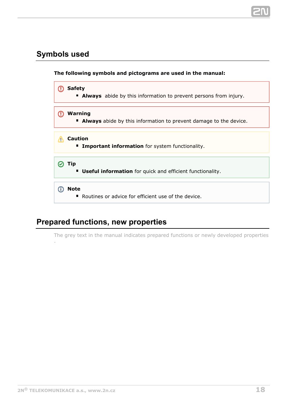 Symbols used, Prepared functions, new properties | 2N Lift8 v1.0 User Manual | Page 18 / 164