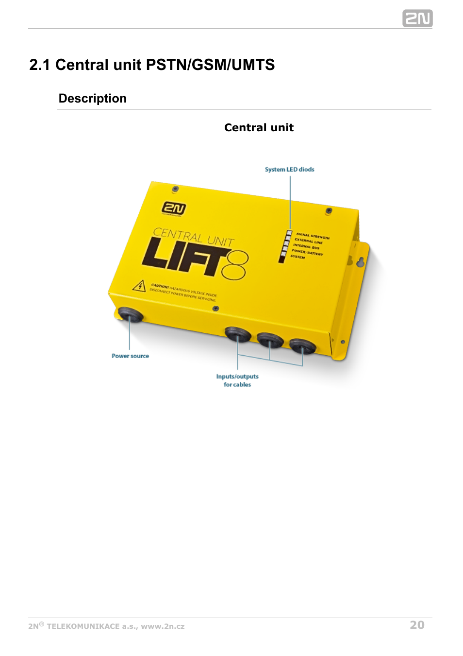 1 central unit pstn/gsm/umts, Description | 2N Lift8 v1.0 User Manual | Page 20 / 164