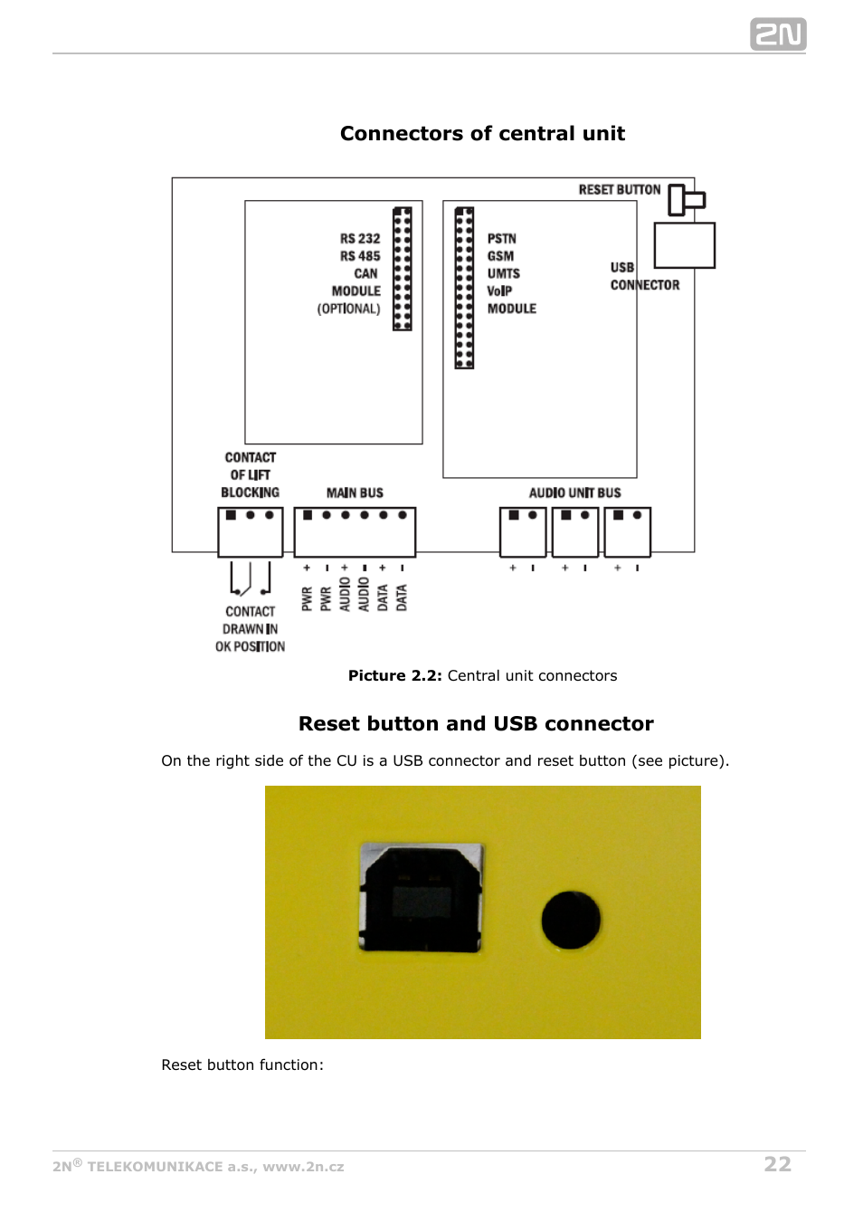 Connectors of central unit, Reset button and usb connector | 2N Lift8 v1.0 User Manual | Page 22 / 164