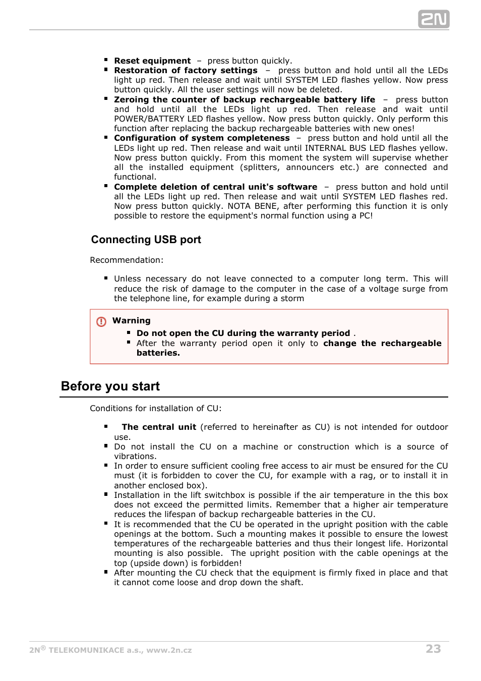 Before you start, Connecting usb port | 2N Lift8 v1.0 User Manual | Page 23 / 164