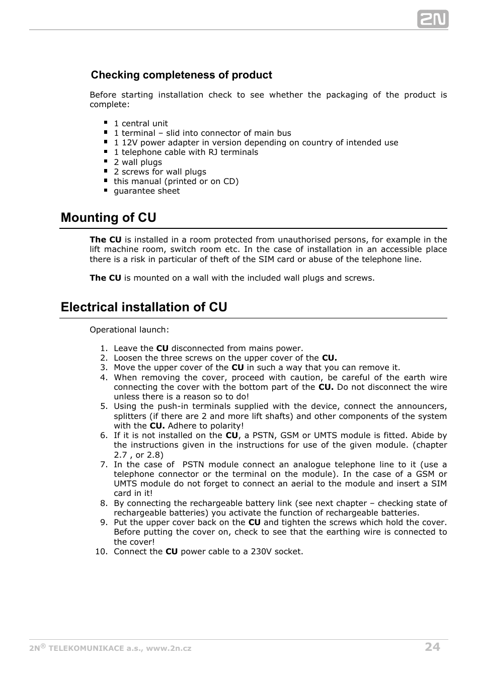 Mounting of cu, Electrical installation of cu, Checking completeness of product | 2N Lift8 v1.0 User Manual | Page 24 / 164