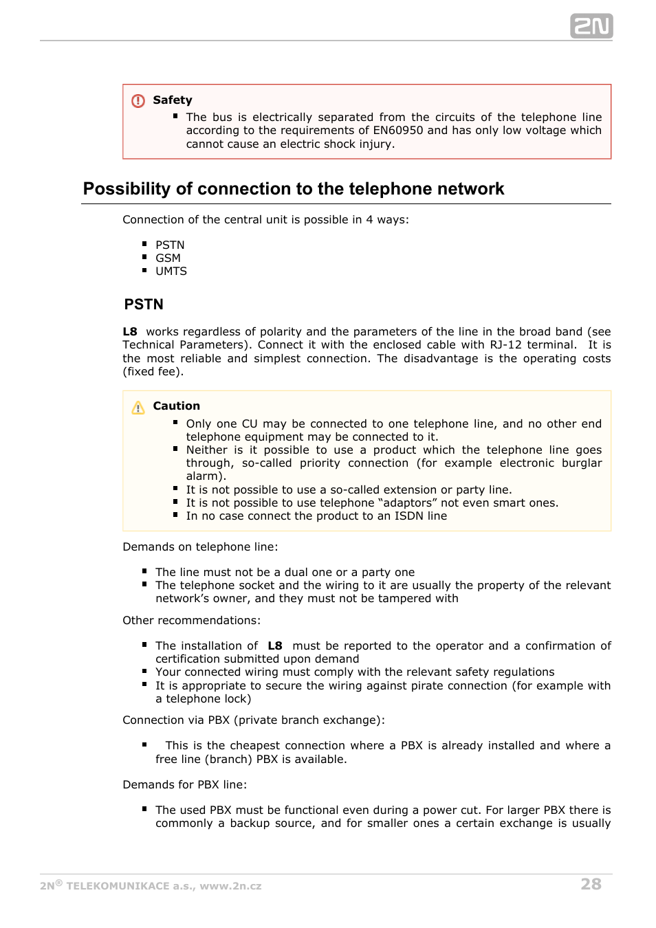 Possibility of connection to the telephone network, Pstn | 2N Lift8 v1.0 User Manual | Page 28 / 164