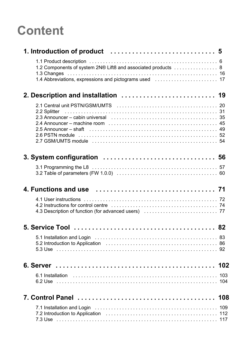 Content, Introduction of product, Description and installation | System configuration, Functions and use, Service tool, Server, Control panel | 2N Lift8 v1.0 User Manual | Page 3 / 164