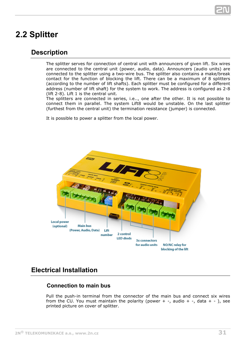 2 splitter, Description, Electrical installation | 2N Lift8 v1.0 User Manual | Page 31 / 164