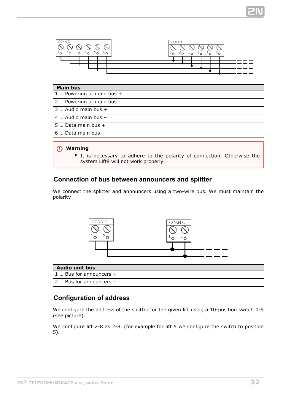 Connection of bus between announcers and splitter, Configuration of address | 2N Lift8 v1.0 User Manual | Page 32 / 164